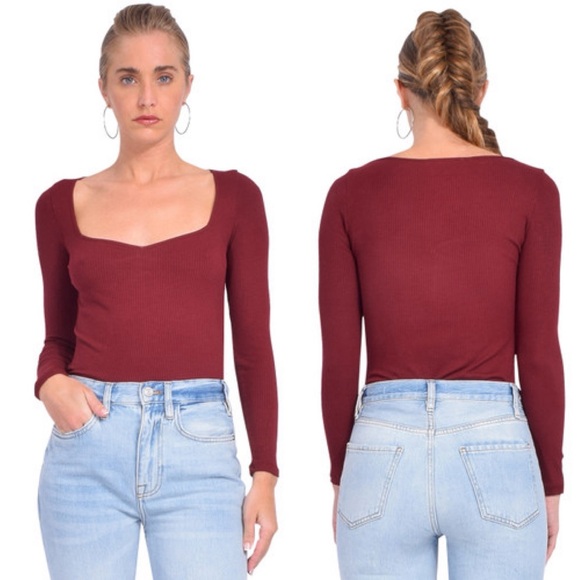 ba&sh Barth T-shirt Large Burgundy maroon long sleeve knit top ribbed solid red - Picture 1 of 11